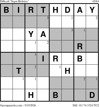 The grouppuzzles.com Difficult Super-Birthday puzzle for Tuesday May 19, 2026 with the first 3 steps marked