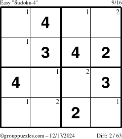 The grouppuzzles.com Easy Sudoku-4 puzzle for Tuesday December 17, 2024 with the first 2 steps marked