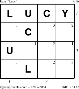 The grouppuzzles.com Easy Lucy puzzle for Tuesday December 17, 2024 with all 3 steps marked