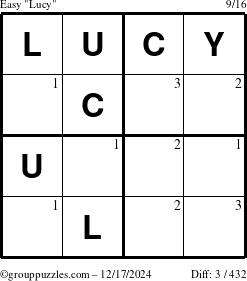 The grouppuzzles.com Easy Lucy puzzle for Tuesday December 17, 2024 with the first 3 steps marked