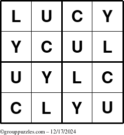 The grouppuzzles.com Answer grid for the Lucy puzzle for Tuesday December 17, 2024