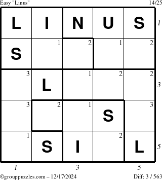 The grouppuzzles.com Easy Linus puzzle for Tuesday December 17, 2024, suitable for printing, with all 3 steps marked