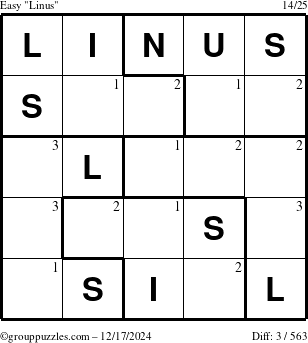 The grouppuzzles.com Easy Linus puzzle for Tuesday December 17, 2024 with the first 3 steps marked