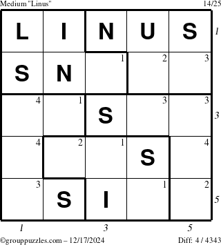 The grouppuzzles.com Medium Linus puzzle for Tuesday December 17, 2024 with all 4 steps marked