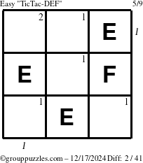 The grouppuzzles.com Easy TicTac-DEF puzzle for Tuesday December 17, 2024, suitable for printing, with all 2 steps marked