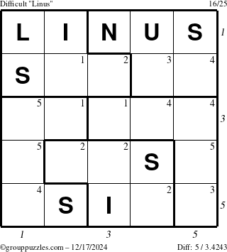 The grouppuzzles.com Difficult Linus puzzle for Tuesday December 17, 2024 with all 5 steps marked