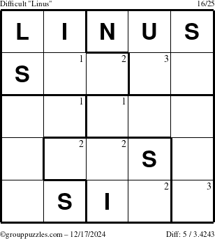 The grouppuzzles.com Difficult Linus puzzle for Tuesday December 17, 2024 with the first 3 steps marked