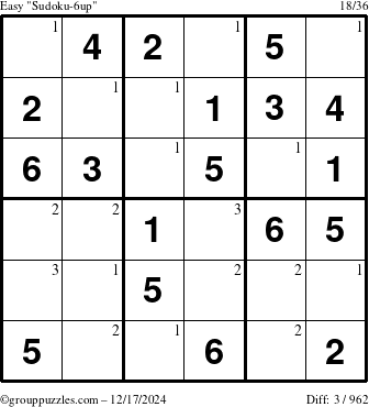 The grouppuzzles.com Easy Sudoku-6up puzzle for Tuesday December 17, 2024 with the first 3 steps marked