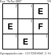 The grouppuzzles.com Easy TicTac-DEF puzzle for Tuesday December 17, 2024 with the first 2 steps marked