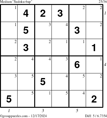 The grouppuzzles.com Medium Sudoku-6up puzzle for Tuesday December 17, 2024, suitable for printing, with all 5 steps marked