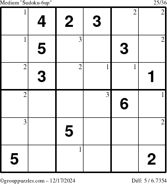 The grouppuzzles.com Medium Sudoku-6up puzzle for Tuesday December 17, 2024 with the first 3 steps marked