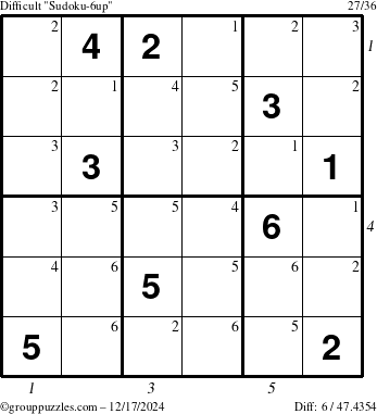 The grouppuzzles.com Difficult Sudoku-6up puzzle for Tuesday December 17, 2024 with all 6 steps marked