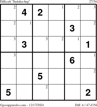 The grouppuzzles.com Difficult Sudoku-6up puzzle for Tuesday December 17, 2024 with the first 3 steps marked