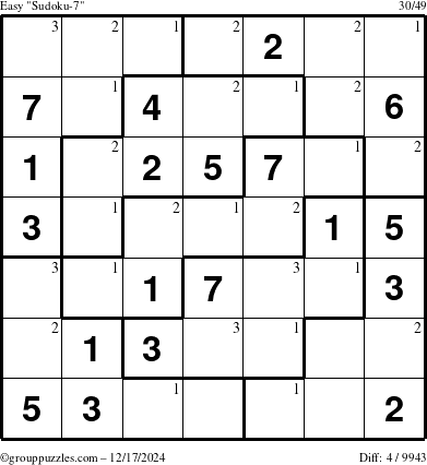 The grouppuzzles.com Easy Sudoku-7 puzzle for Tuesday December 17, 2024 with the first 3 steps marked