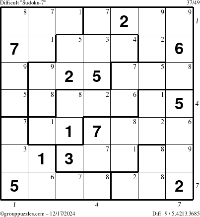 The grouppuzzles.com Difficult Sudoku-7 puzzle for Tuesday December 17, 2024 with all 9 steps marked