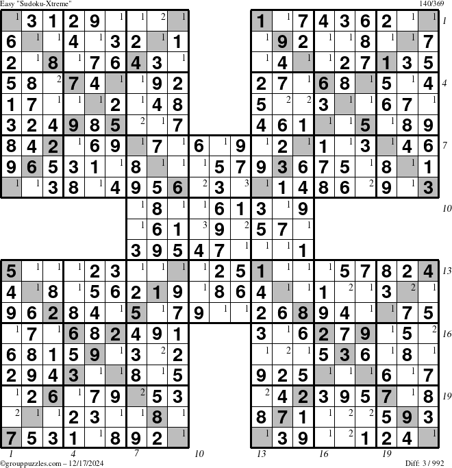 The grouppuzzles.com Easy Sudoku-Xtreme puzzle for Tuesday December 17, 2024 with all 3 steps marked