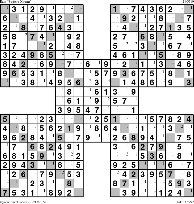 The grouppuzzles.com Easy Sudoku-Xtreme puzzle for Tuesday December 17, 2024 with the first 3 steps marked