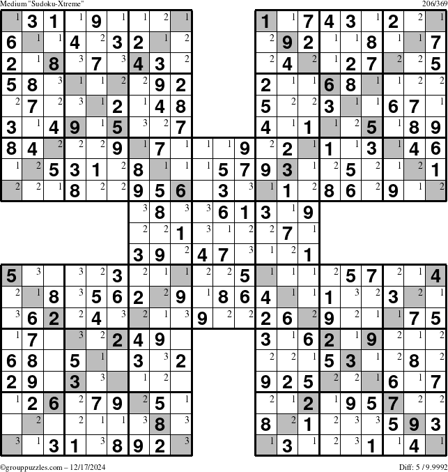 The grouppuzzles.com Medium Sudoku-Xtreme puzzle for Tuesday December 17, 2024 with the first 3 steps marked