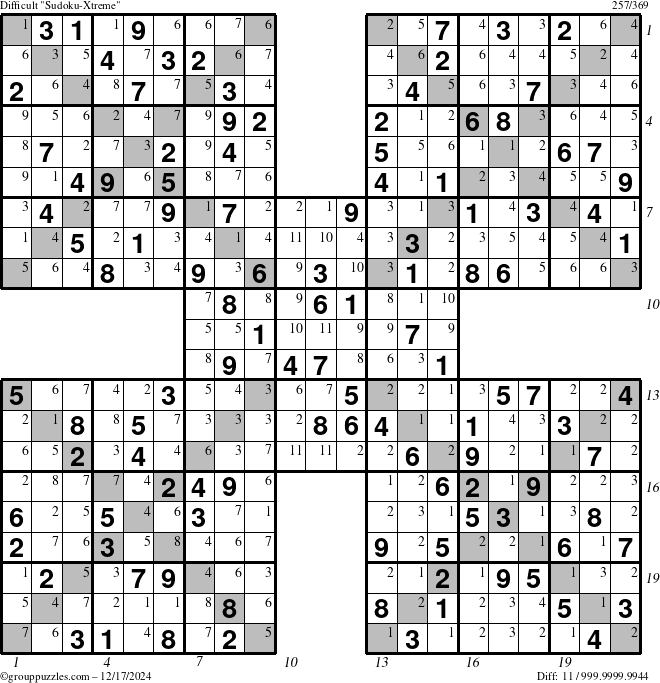 The grouppuzzles.com Difficult Sudoku-Xtreme puzzle for Tuesday December 17, 2024 with all 11 steps marked