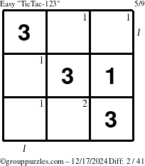 The grouppuzzles.com Easy TicTac-123 puzzle for Tuesday December 17, 2024 with all 2 steps marked