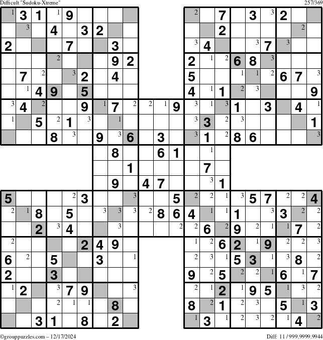 The grouppuzzles.com Difficult Sudoku-Xtreme puzzle for Tuesday December 17, 2024 with the first 3 steps marked