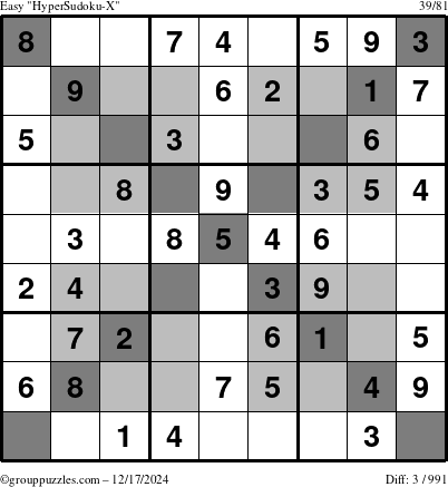 The grouppuzzles.com Easy HyperSudoku-X puzzle for Tuesday December 17, 2024