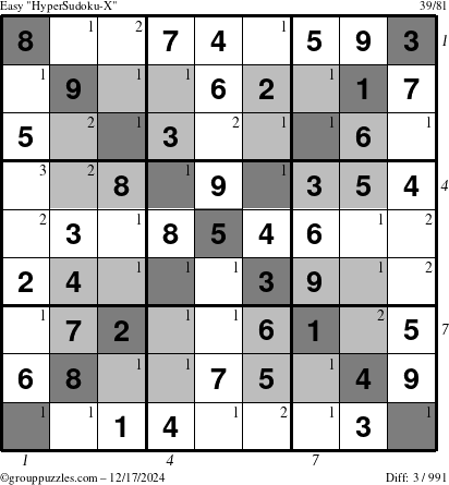 The grouppuzzles.com Easy HyperSudoku-X puzzle for Tuesday December 17, 2024 with all 3 steps marked