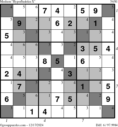 The grouppuzzles.com Medium HyperSudoku-X puzzle for Tuesday December 17, 2024 with all 6 steps marked