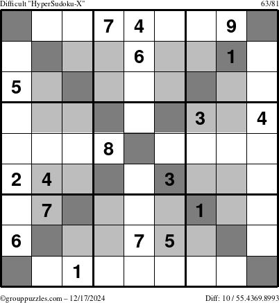 The grouppuzzles.com Difficult HyperSudoku-X puzzle for Tuesday December 17, 2024