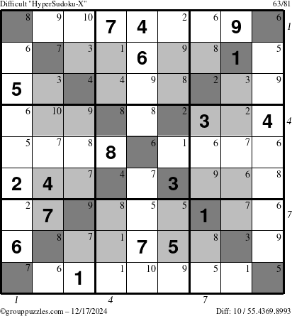 The grouppuzzles.com Difficult HyperSudoku-X puzzle for Tuesday December 17, 2024, suitable for printing, with all 10 steps marked