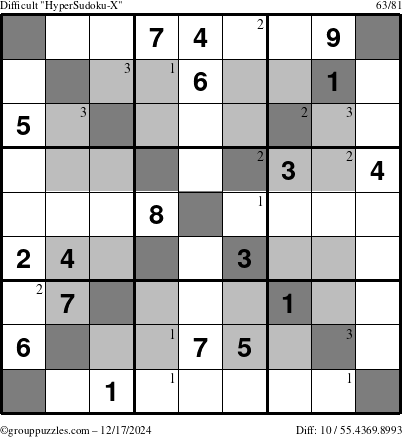 The grouppuzzles.com Difficult HyperSudoku-X puzzle for Tuesday December 17, 2024 with the first 3 steps marked