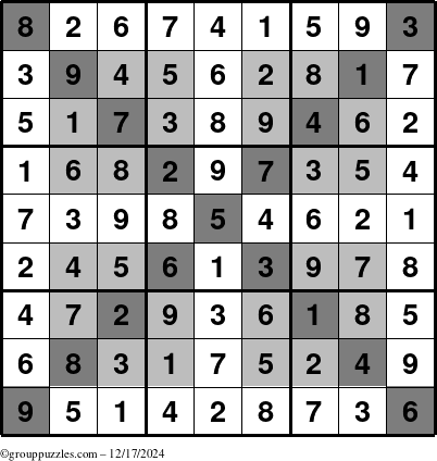 The grouppuzzles.com Answer grid for the HyperSudoku-X puzzle for Tuesday December 17, 2024