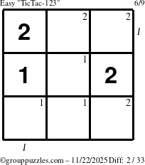 The grouppuzzles.com Easy TicTac-123 puzzle for Saturday November 22, 2025, suitable for printing, with all 2 steps marked