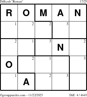 The grouppuzzles.com Difficult Roman puzzle for Saturday November 22, 2025 with the first 3 steps marked