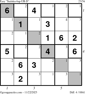 The grouppuzzles.com Easy Sudoku-6up-UR-D puzzle for Saturday November 22, 2025 with all 4 steps marked