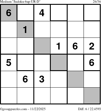 The grouppuzzles.com Medium Sudoku-6up-UR-D puzzle for Saturday November 22, 2025