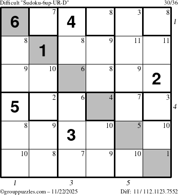 The grouppuzzles.com Difficult Sudoku-6up-UR-D puzzle for Saturday November 22, 2025, suitable for printing, with all 11 steps marked