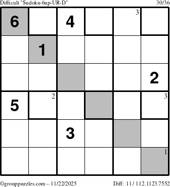 The grouppuzzles.com Difficult Sudoku-6up-UR-D puzzle for Saturday November 22, 2025 with the first 3 steps marked