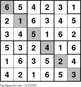 The grouppuzzles.com Answer grid for the Sudoku-6up-UR-D puzzle for Saturday November 22, 2025