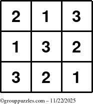 The grouppuzzles.com Answer grid for the TicTac-123 puzzle for Saturday November 22, 2025