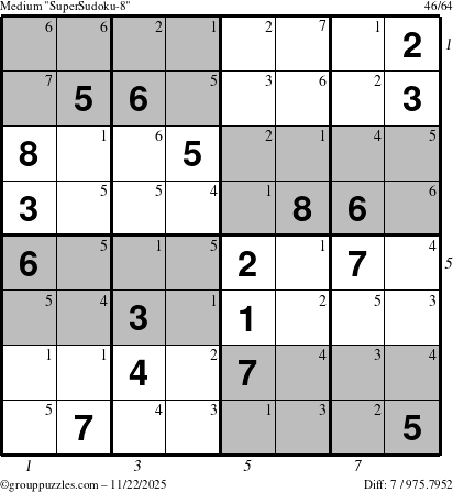 The grouppuzzles.com Medium SuperSudoku-8 puzzle for Saturday November 22, 2025, suitable for printing, with all 7 steps marked