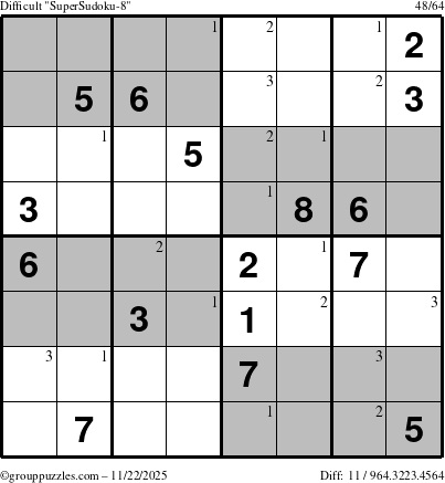 The grouppuzzles.com Difficult SuperSudoku-8 puzzle for Saturday November 22, 2025 with the first 3 steps marked