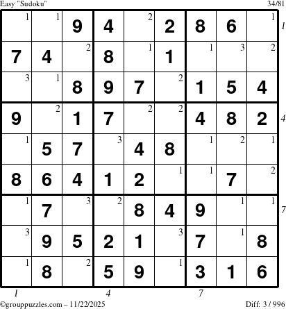 The grouppuzzles.com Easy Sudoku puzzle for Saturday November 22, 2025, suitable for printing, with all 3 steps marked