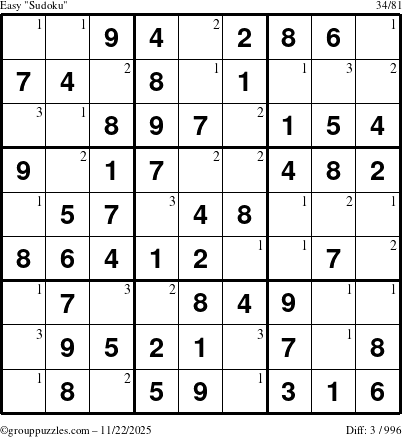 The grouppuzzles.com Easy Sudoku puzzle for Saturday November 22, 2025 with the first 3 steps marked