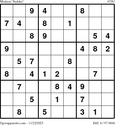 The grouppuzzles.com Medium Sudoku puzzle for Saturday November 22, 2025