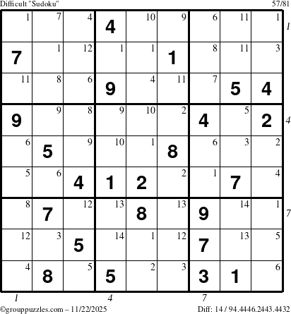 The grouppuzzles.com Difficult Sudoku puzzle for Saturday November 22, 2025, suitable for printing, with all 14 steps marked