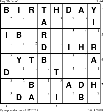 The grouppuzzles.com Easy Birthday puzzle for Saturday November 22, 2025, suitable for printing, with all 4 steps marked