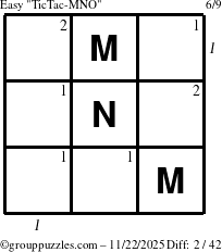 The grouppuzzles.com Easy TicTac-MNO puzzle for Saturday November 22, 2025, suitable for printing, with all 2 steps marked