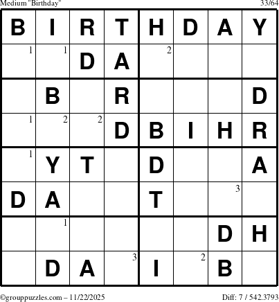The grouppuzzles.com Medium Birthday puzzle for Saturday November 22, 2025 with the first 3 steps marked