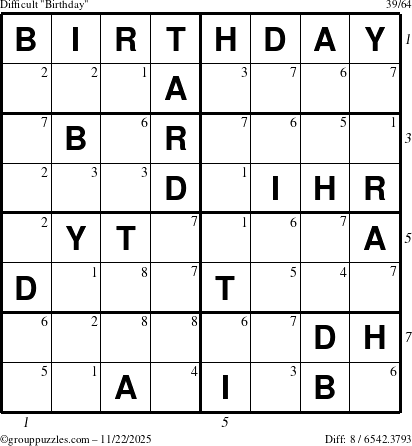 The grouppuzzles.com Difficult Birthday puzzle for Saturday November 22, 2025 with all 8 steps marked